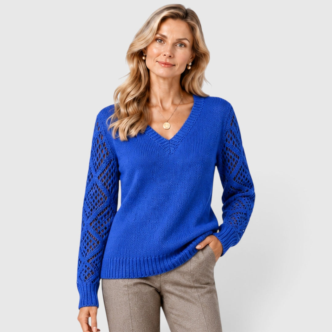 Women's Casual V-Neck Knitted Jumper with Openwork Sleeves