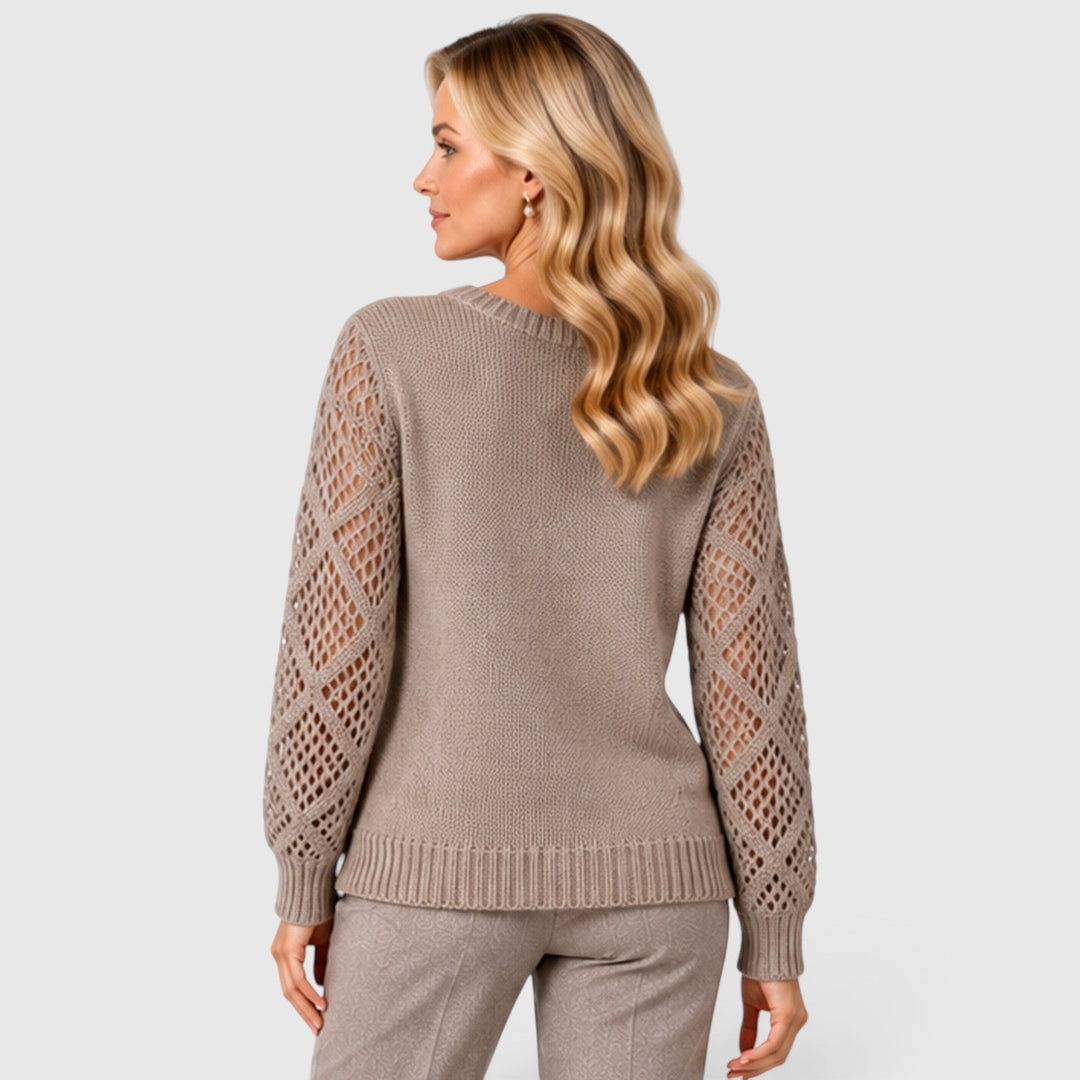 Women's Casual V-Neck Knitted Jumper with Openwork Sleeves