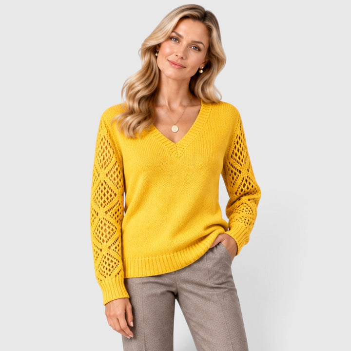 Women's Casual V-Neck Knitted Jumper with Openwork Sleeves