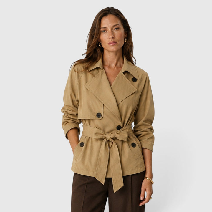 Women's Classic Double Breasted Cropped Trench Coat with Tie Waist
