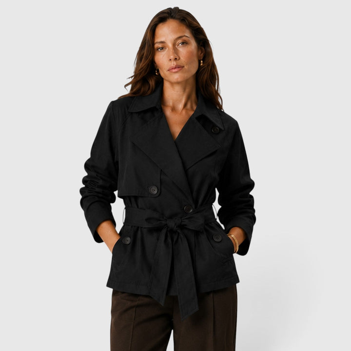 Women's Classic Double Breasted Cropped Trench Coat with Tie Waist