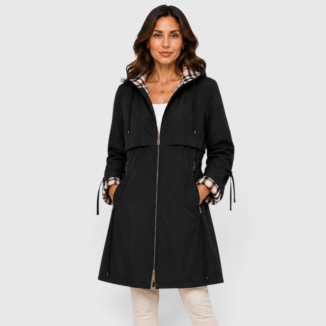 Women's Casual Hooded Longline Zip Jacket with Adjustable Waist