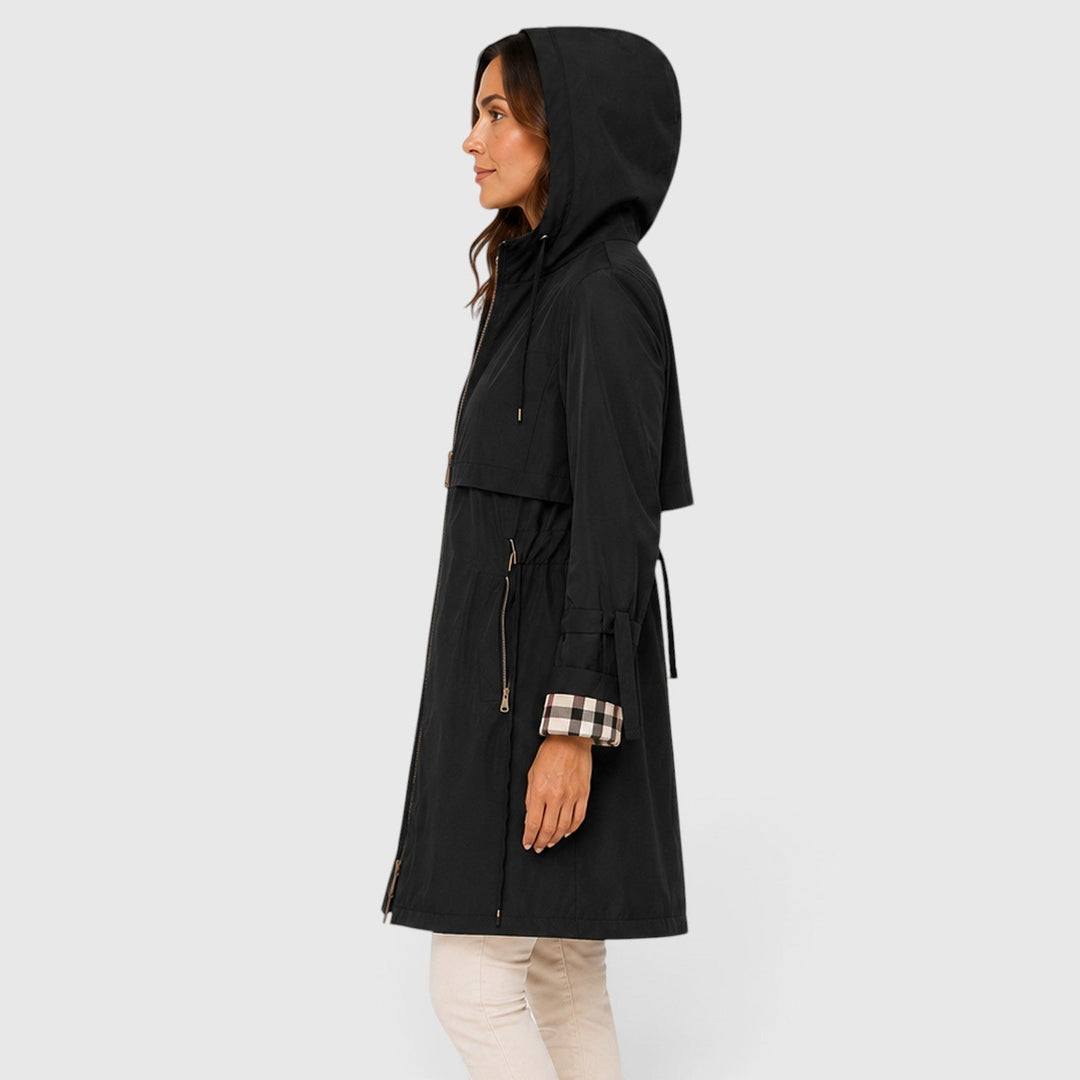 Women's Casual Hooded Longline Zip Jacket with Adjustable Waist