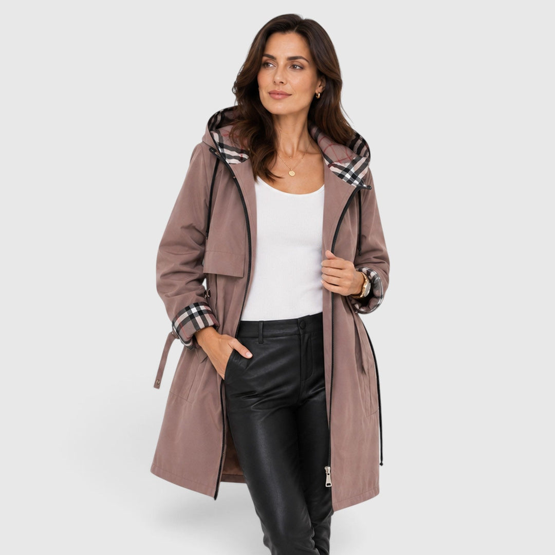 Women's Casual Hooded Longline Zip Jacket with Adjustable Waist