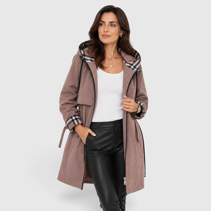 Women's Casual Hooded Longline Zip Jacket with Adjustable Waist