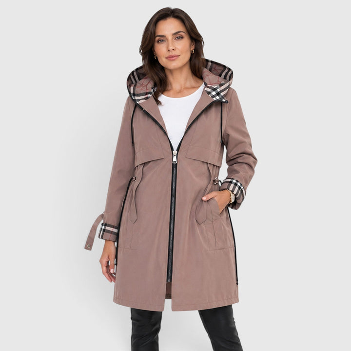 Women's Casual Hooded Longline Zip Jacket with Adjustable Waist