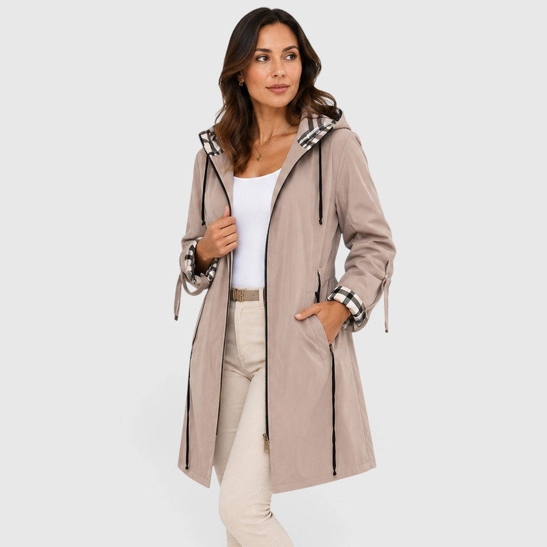 Women's Casual Hooded Longline Zip Jacket with Adjustable Waist