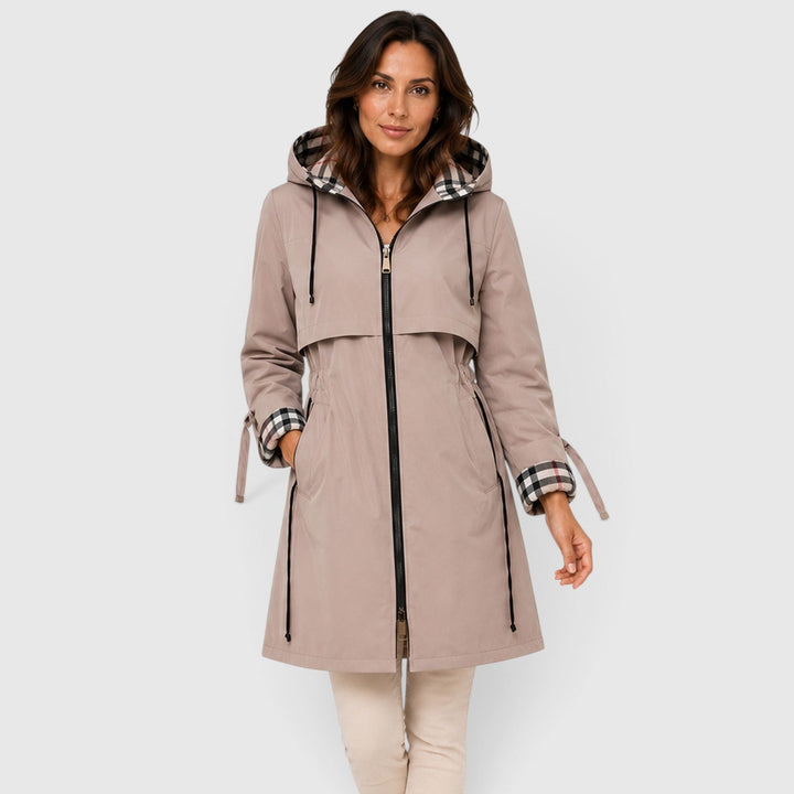 Women's Casual Hooded Longline Zip Jacket with Adjustable Waist