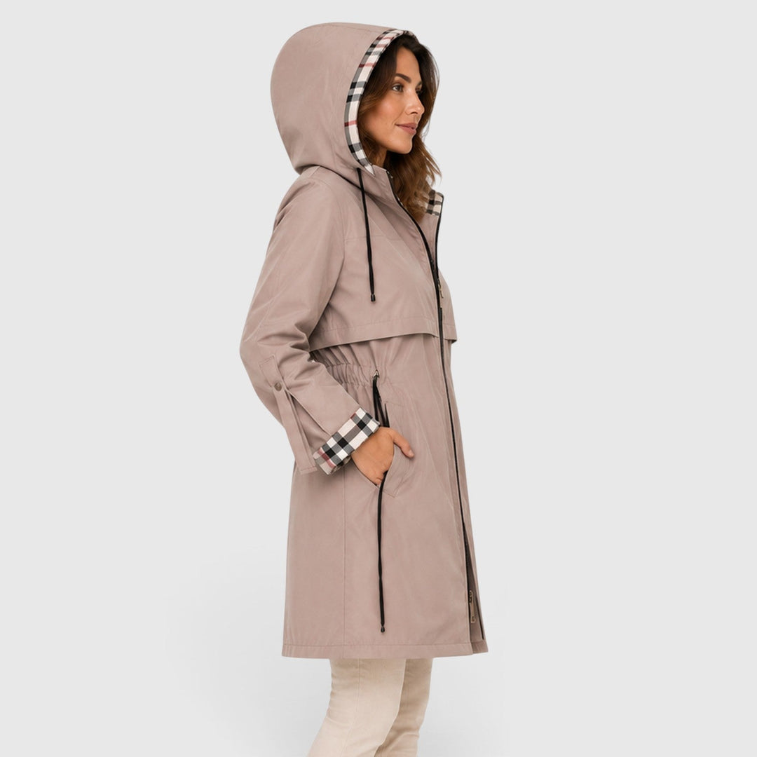 Women's Casual Hooded Longline Zip Jacket with Adjustable Waist