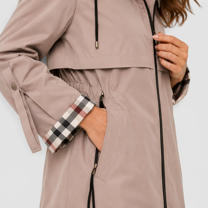 Women's Casual Hooded Longline Zip Jacket with Adjustable Waist