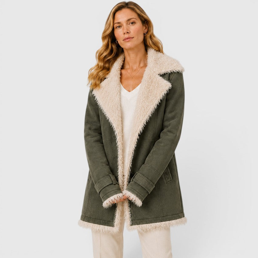 Women's Classic Slim Fit Wool Blend Lapel Coat with Long Sleeves