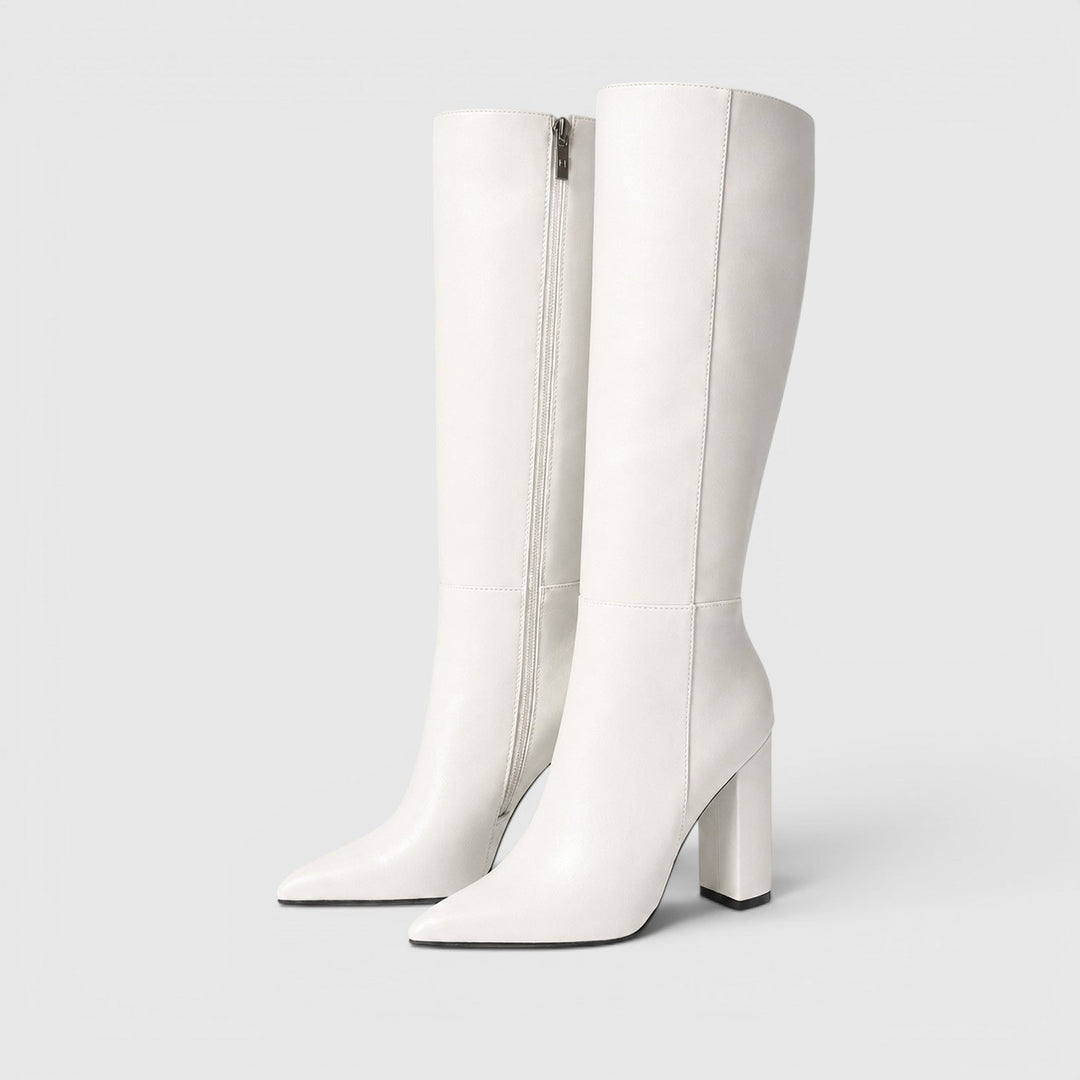 Women's Classic Leather Pointed Toe Knee High Chunky Heel Boots