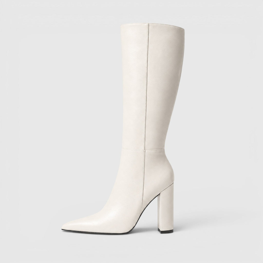 Women's Classic Leather Pointed Toe Knee High Chunky Heel Boots