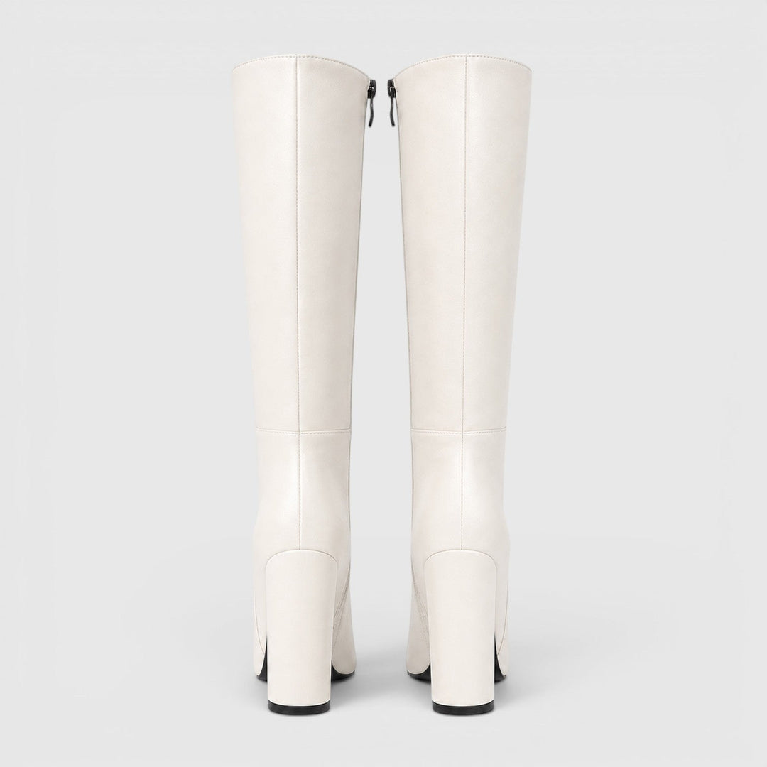 Women's Classic Leather Pointed Toe Knee High Chunky Heel Boots
