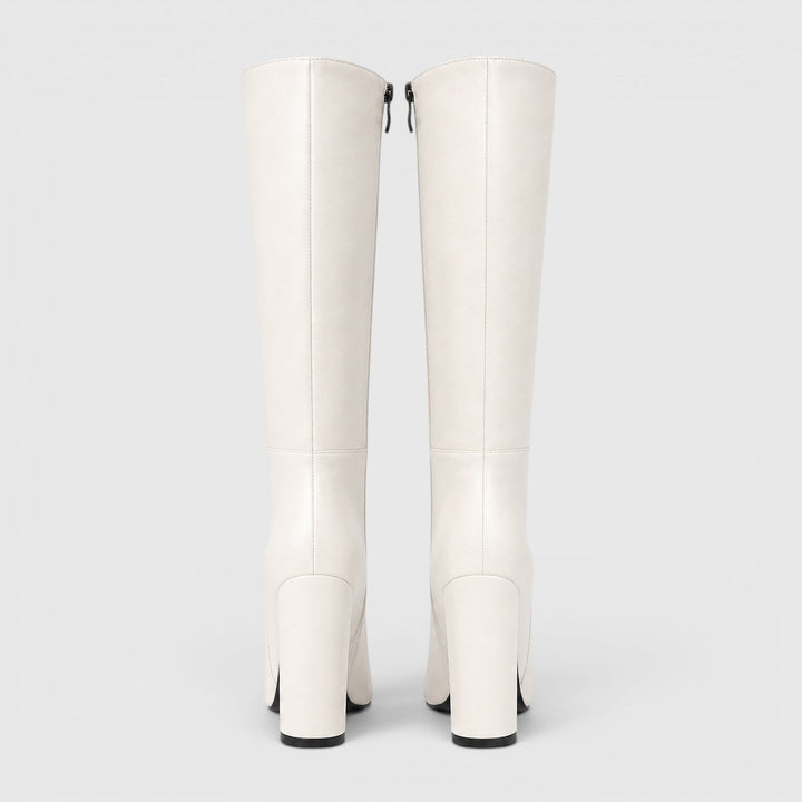 Women's Classic Leather Pointed Toe Knee High Chunky Heel Boots