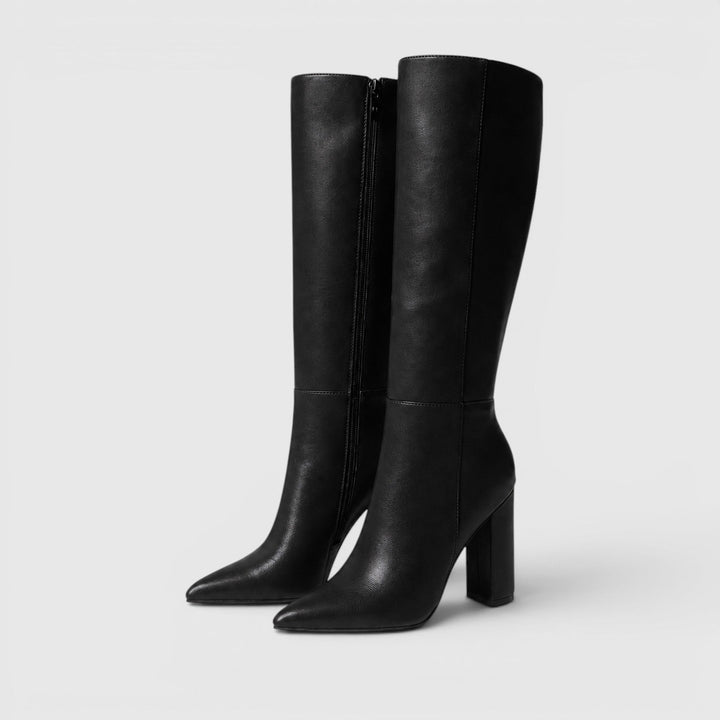 Women's Classic Leather Pointed Toe Knee High Chunky Heel Boots