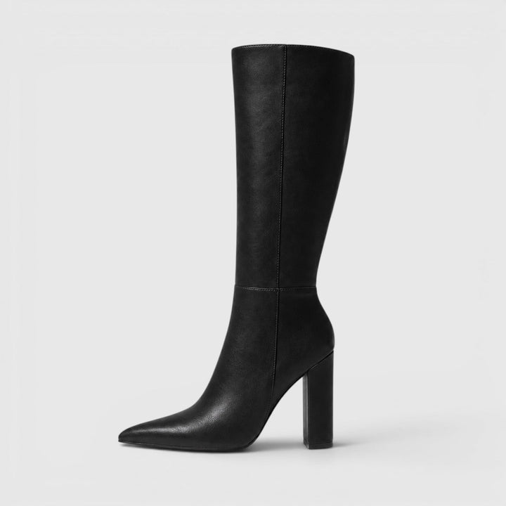 Women's Classic Leather Pointed Toe Knee High Chunky Heel Boots
