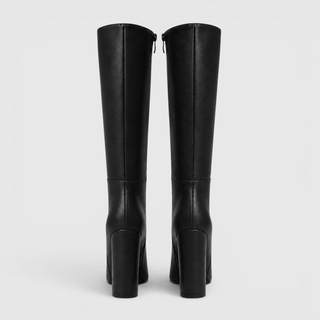 Women's Classic Leather Pointed Toe Knee High Chunky Heel Boots