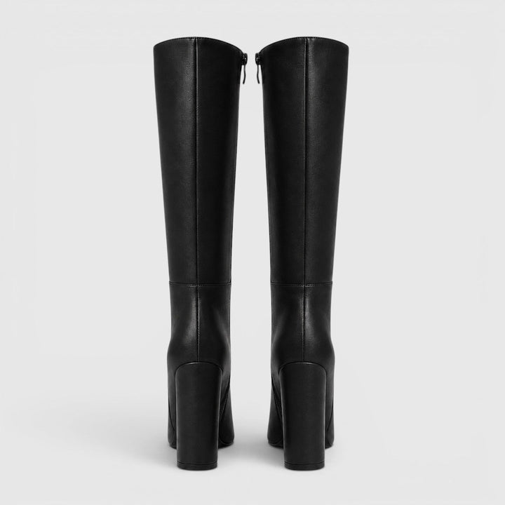 Women's Classic Leather Pointed Toe Knee High Chunky Heel Boots