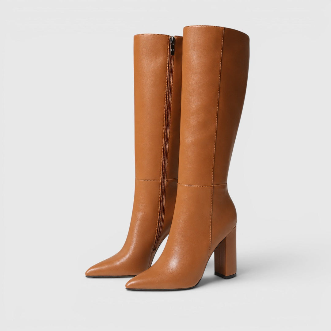 Women's Classic Leather Pointed Toe Knee High Chunky Heel Boots