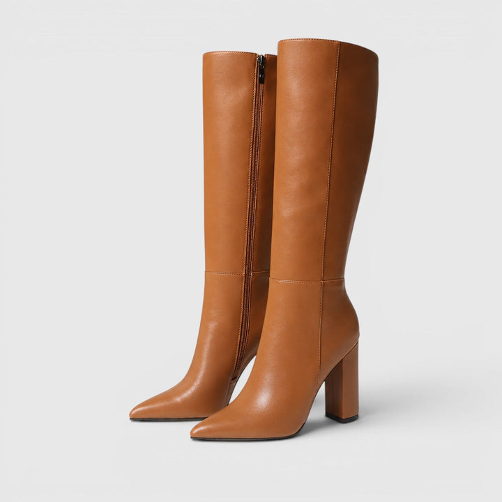 Women's Classic Leather Pointed Toe Knee High Chunky Heel Boots