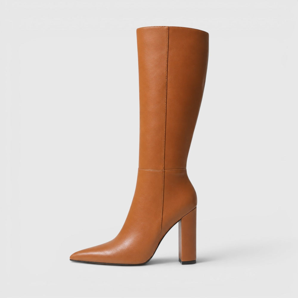 Women's Classic Leather Pointed Toe Knee High Chunky Heel Boots