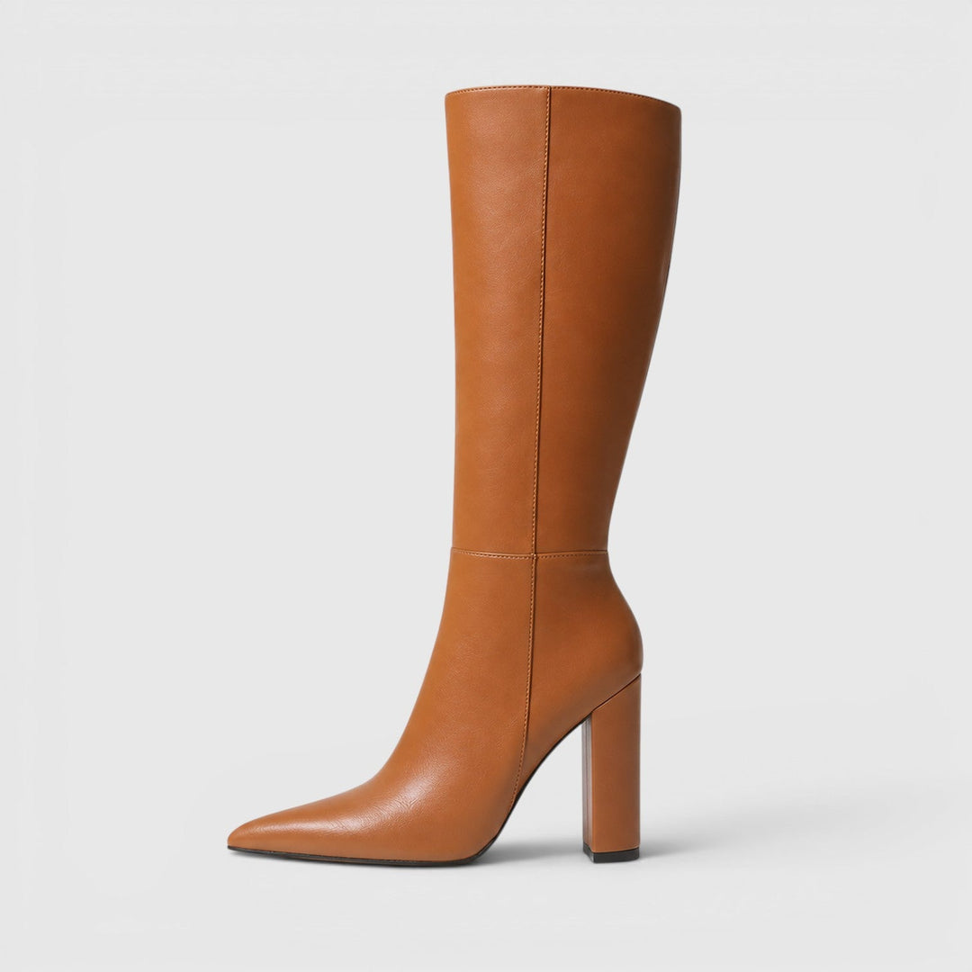 Women's Classic Leather Pointed Toe Knee High Chunky Heel Boots