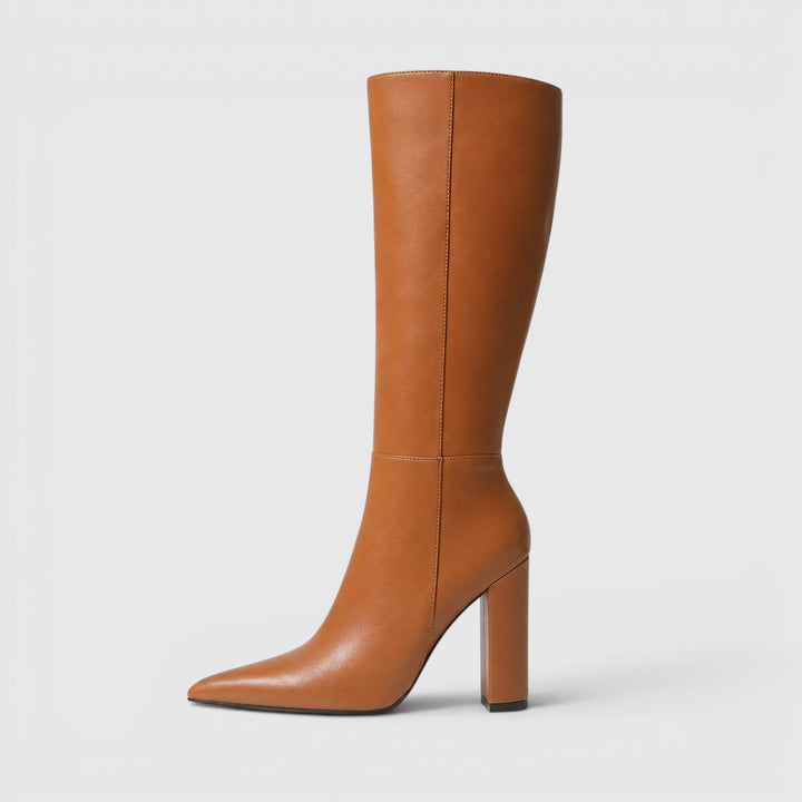 Women's Classic Leather Pointed Toe Knee High Chunky Heel Boots