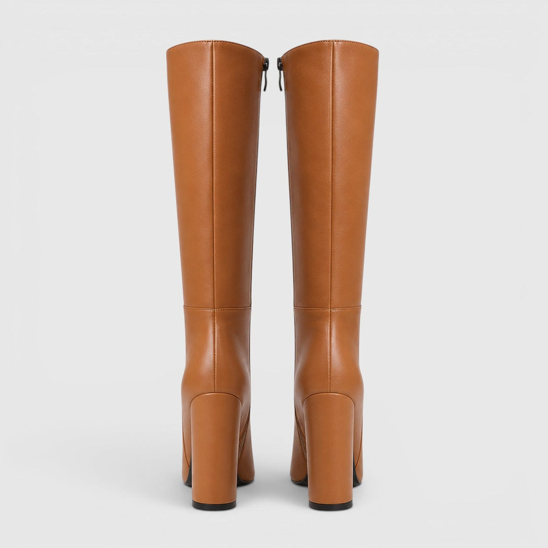 Women's Classic Leather Pointed Toe Knee High Chunky Heel Boots