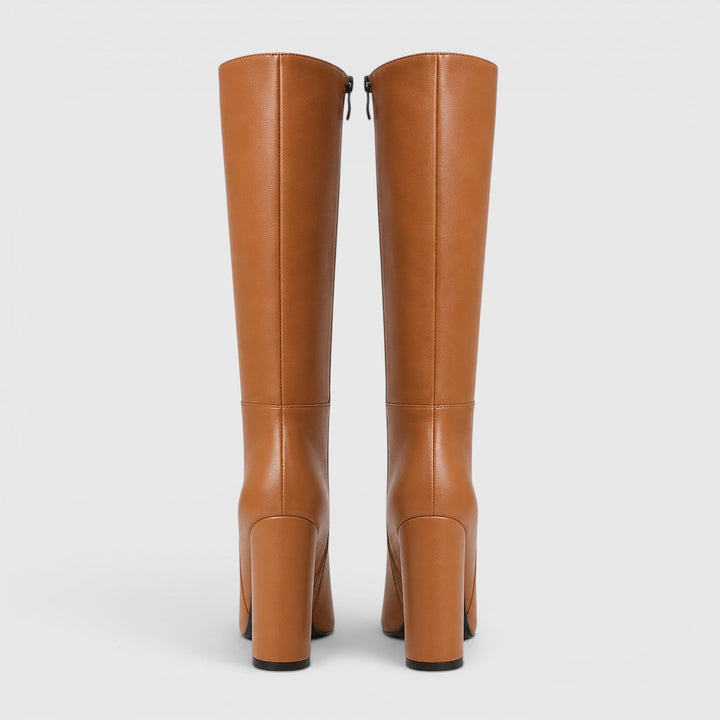 Women's Classic Leather Pointed Toe Knee High Chunky Heel Boots