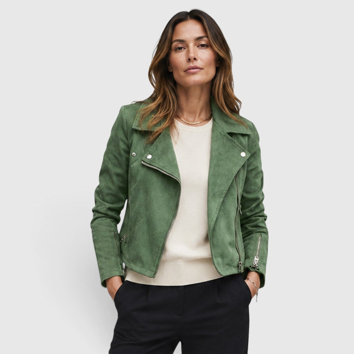 Women's Stylish Suede Cropped Biker Jacket with Asymmetric Zip