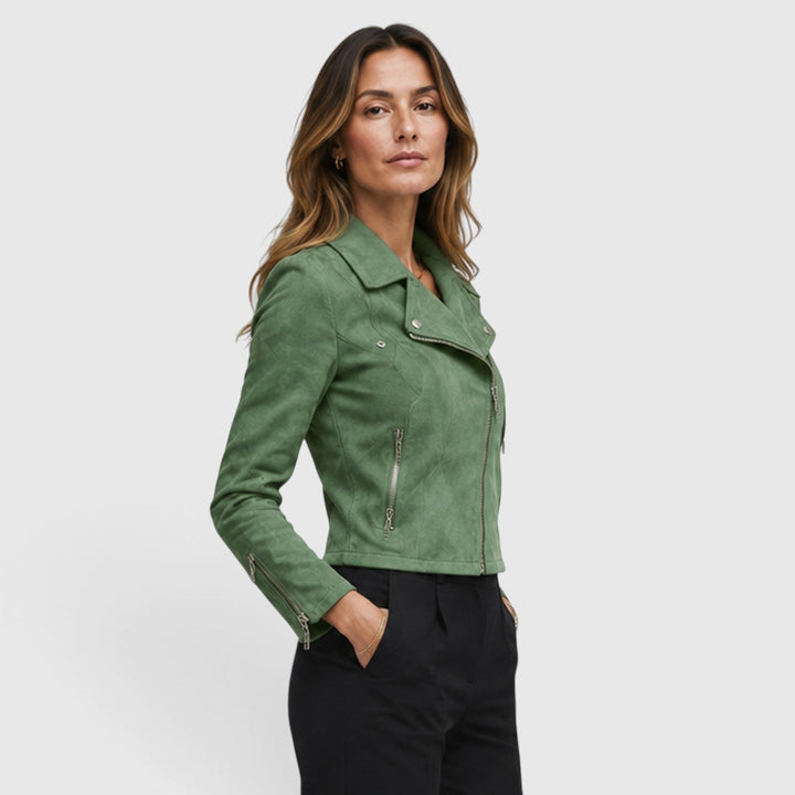 Women's Stylish Suede Cropped Biker Jacket with Asymmetric Zip