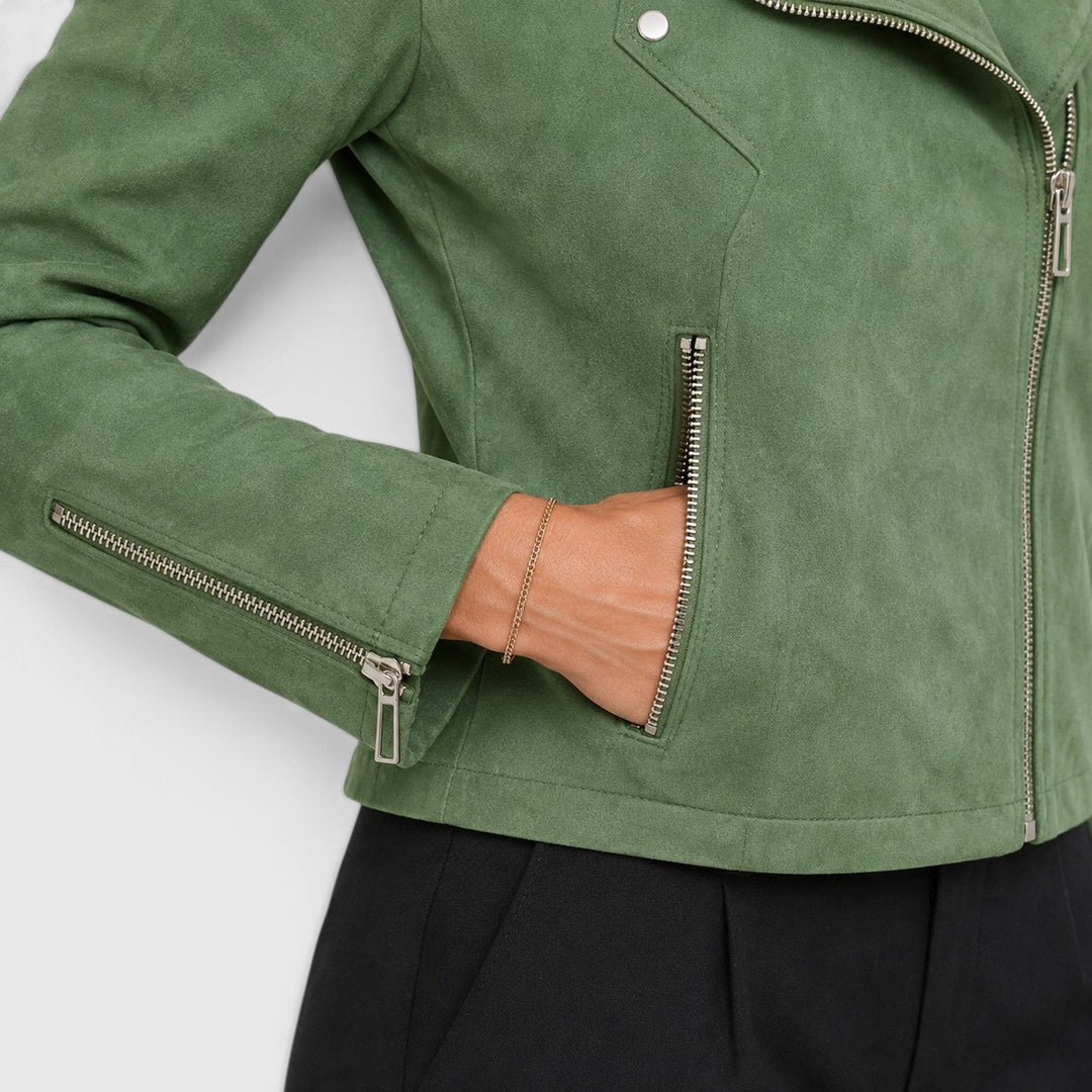 Women's Stylish Suede Cropped Biker Jacket with Asymmetric Zip