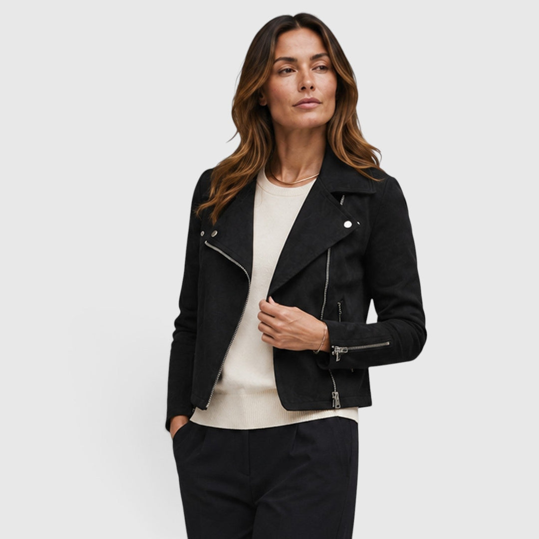 Women's Stylish Suede Cropped Biker Jacket with Asymmetric Zip
