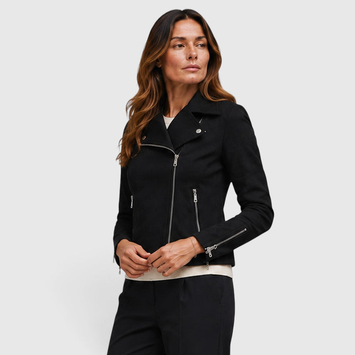 Women's Stylish Suede Cropped Biker Jacket with Asymmetric Zip
