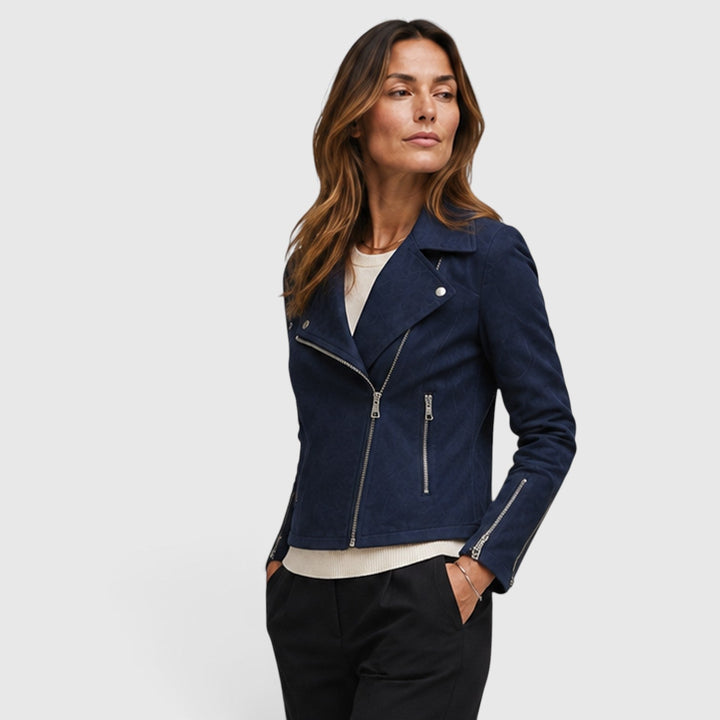 Women's Stylish Suede Cropped Biker Jacket with Asymmetric Zip