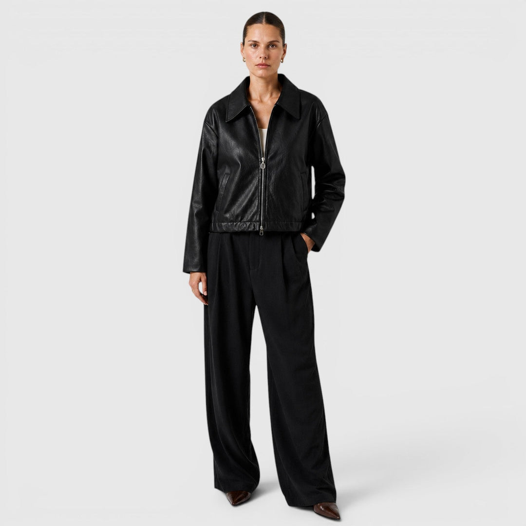Women's Casual Leather Zip Jacket with Pockets