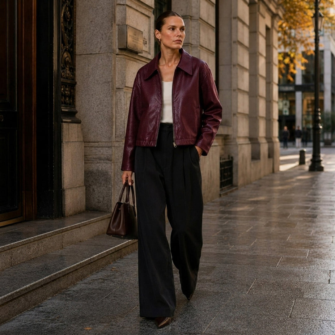 Women's Casual Leather Zip Jacket with Pockets