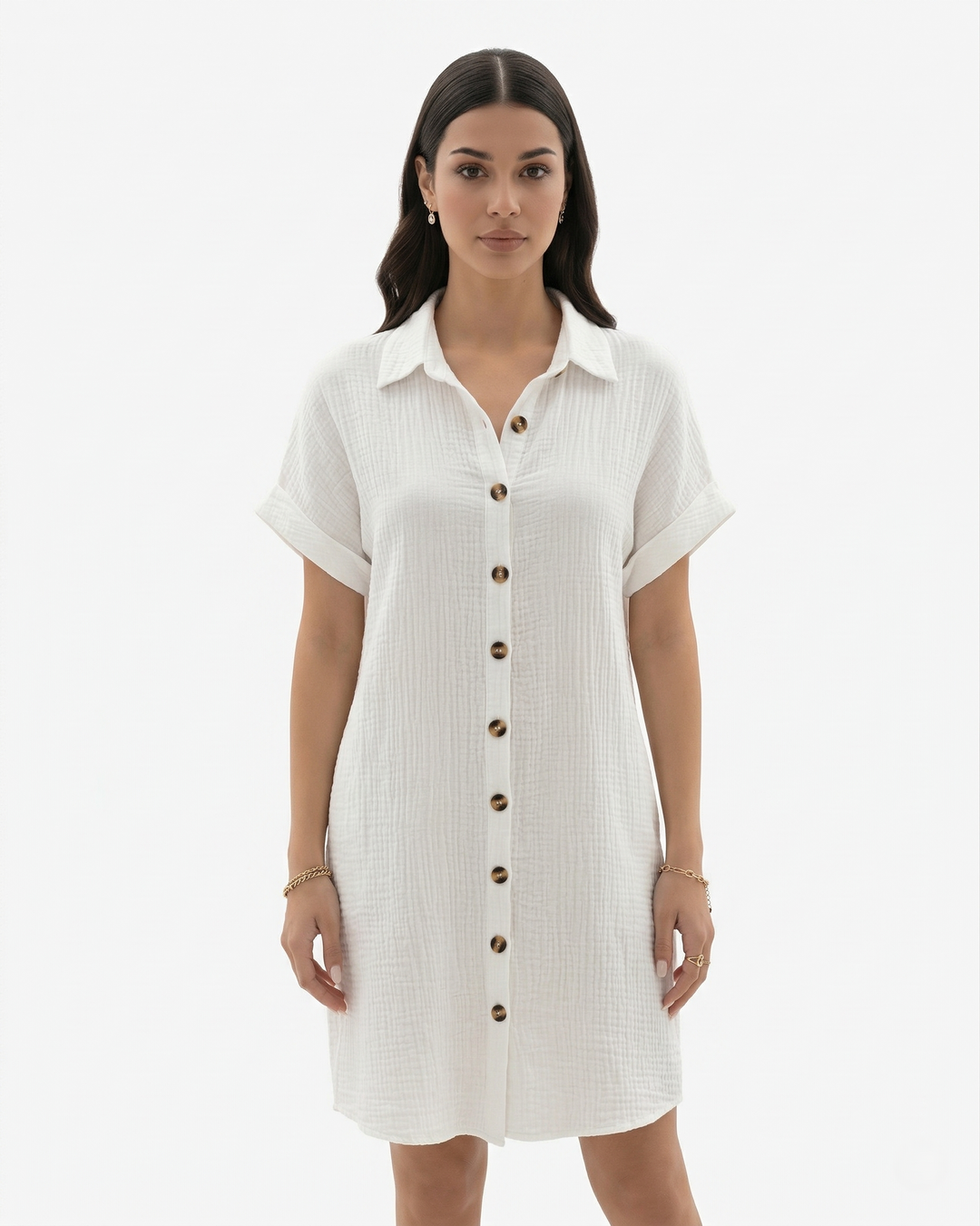 Womens Shirt Dress Cotton Collared Rolled Sleeve with Pockets - Clovrio