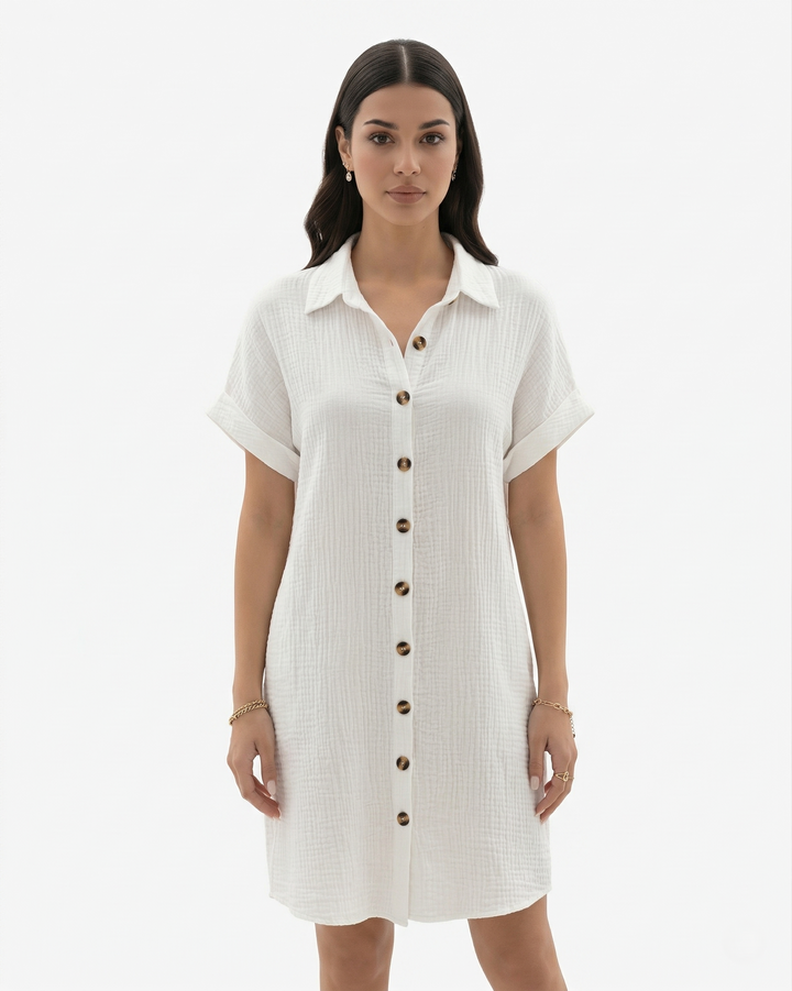 Womens Shirt Dress Cotton Collared Rolled Sleeve with Pockets - Clovrio